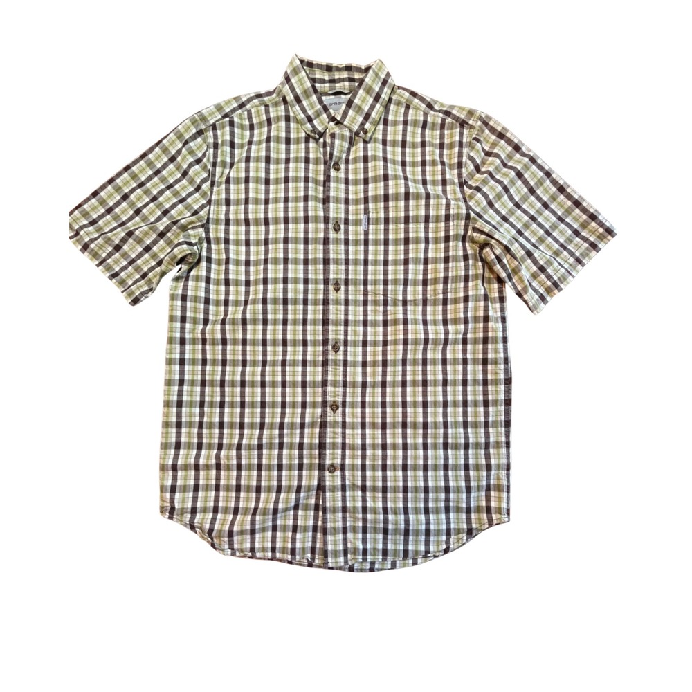Men's Carhartt Relaxed Fit Button Shirt M Green Plaid Short Sleeve Casual Office